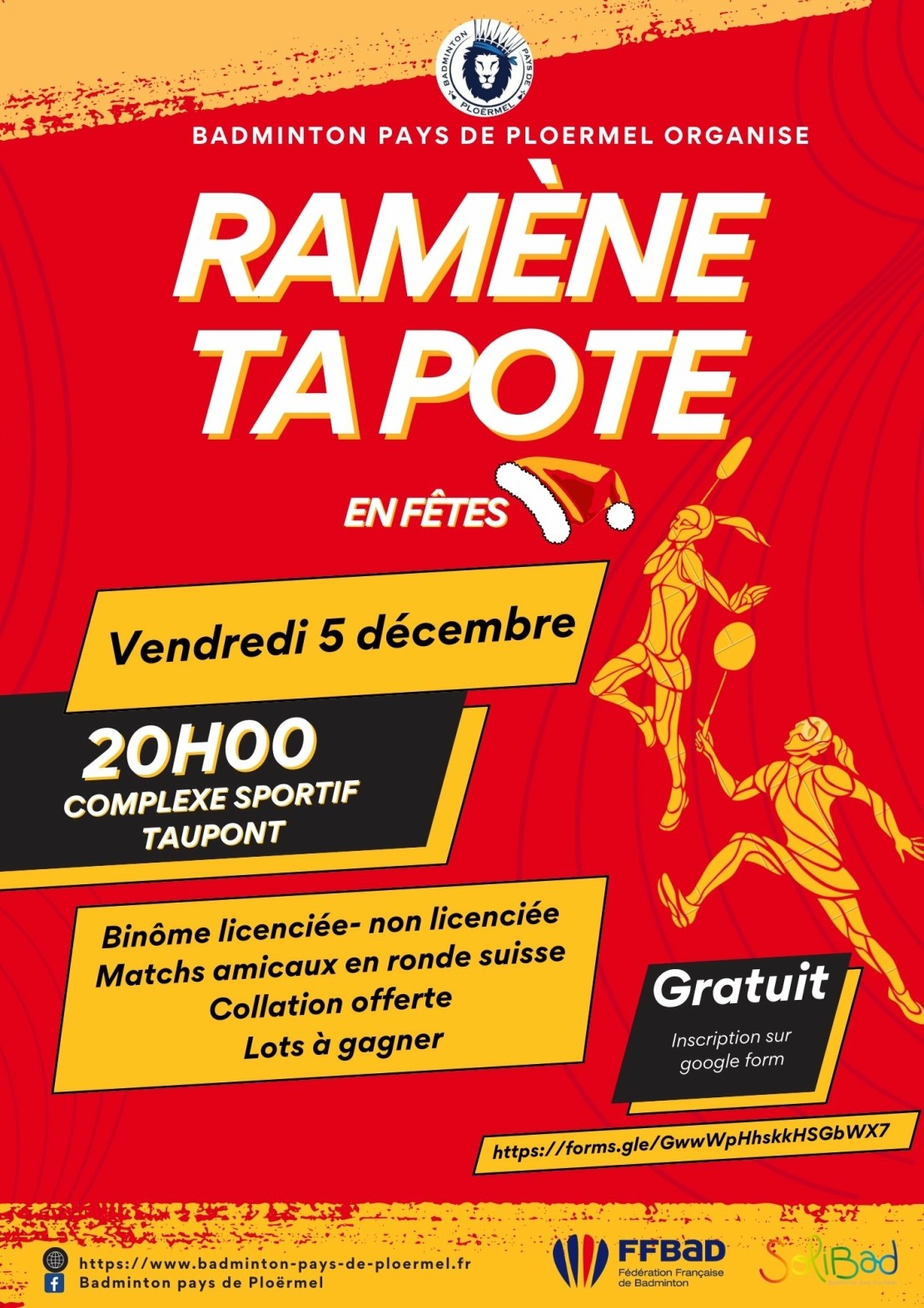 Affiche de l'évènement Ramène ta Pote organisée par le Badminton Pays de Ploërmel